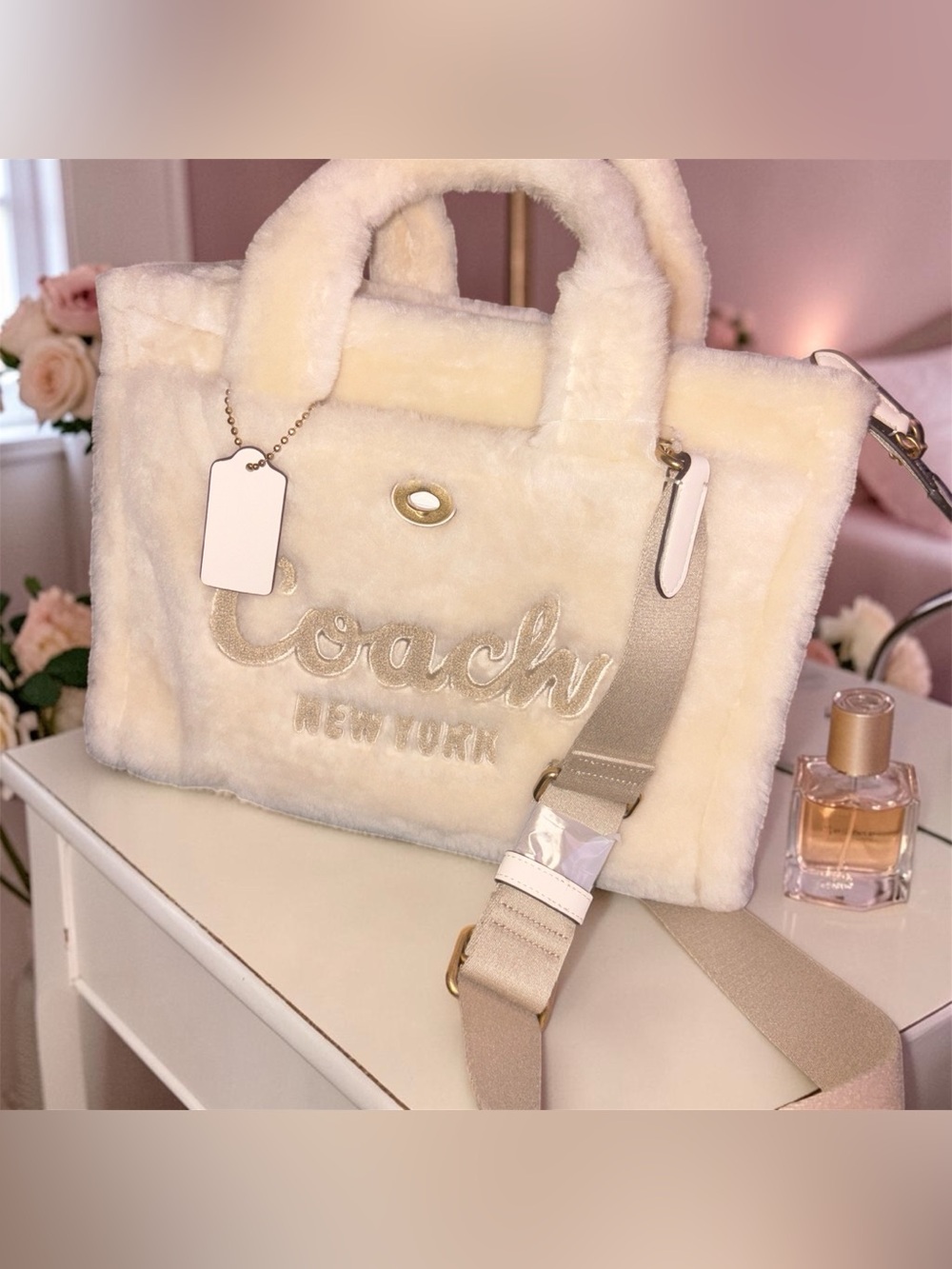 Coach Cream Shearling Tote with Gold Accents